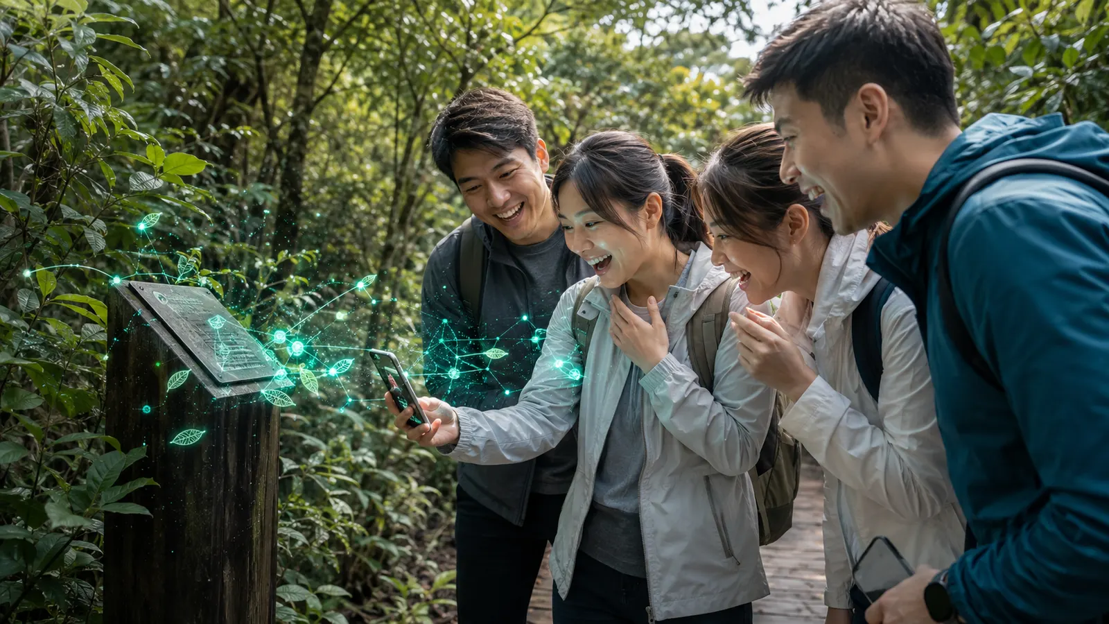 員工在戶外使用手機完成探索任務